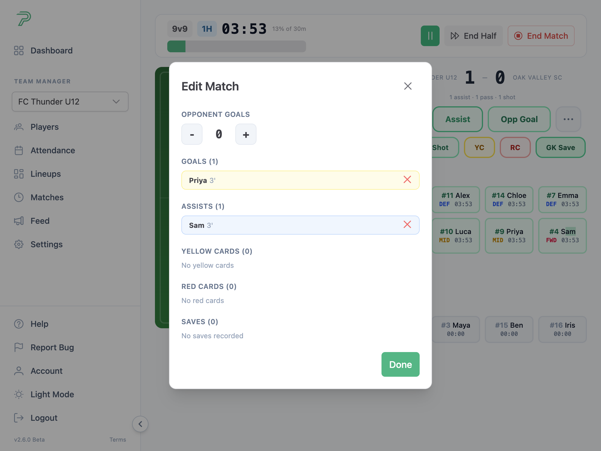 Pitch Planner live match summary modal with goals, assists, cards, and saves