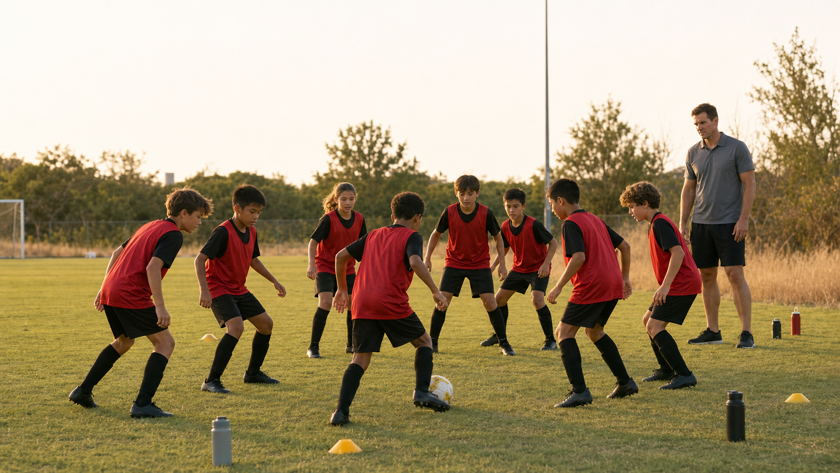 Youth soccer players in red bibs working through a possession drill with a coach