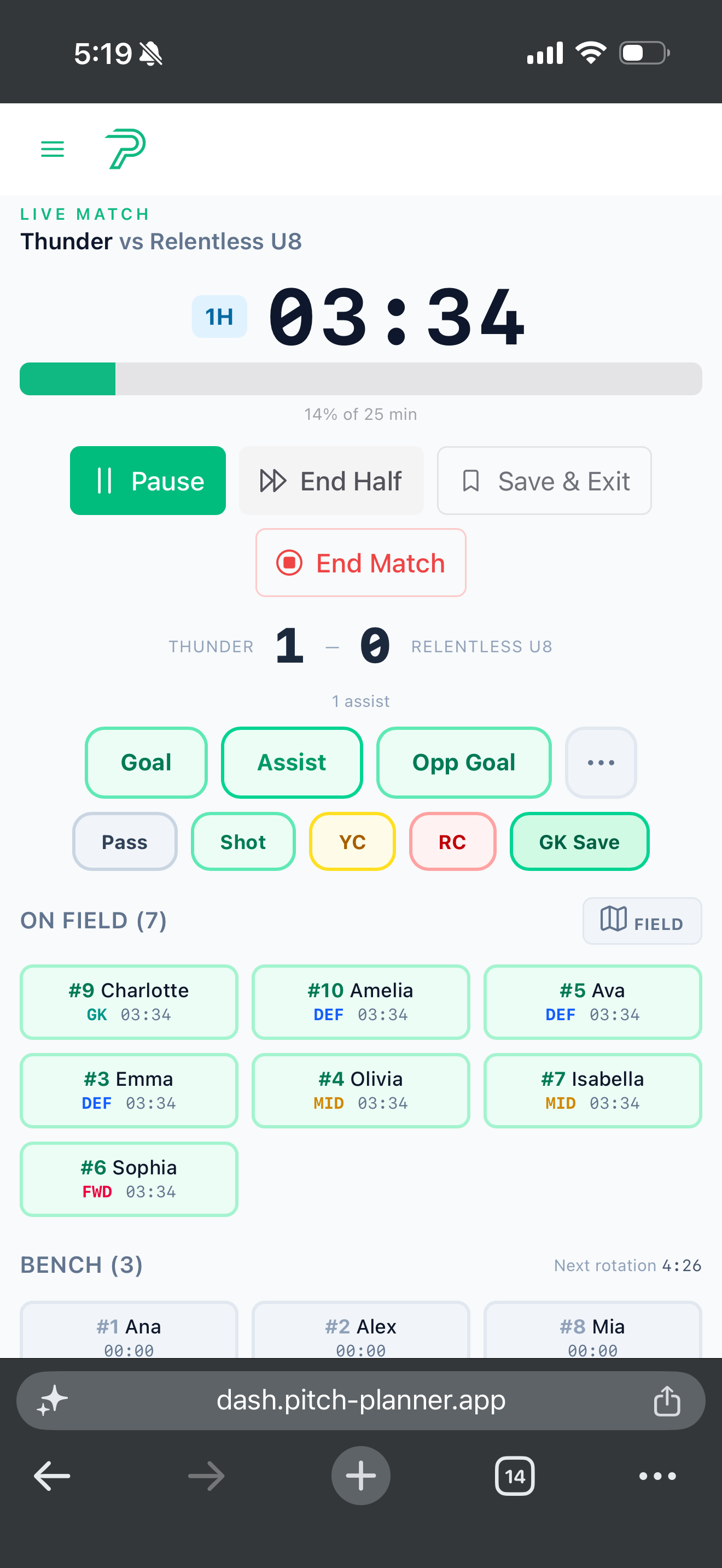 Pitch Planner live match screen showing player minutes and substitutions